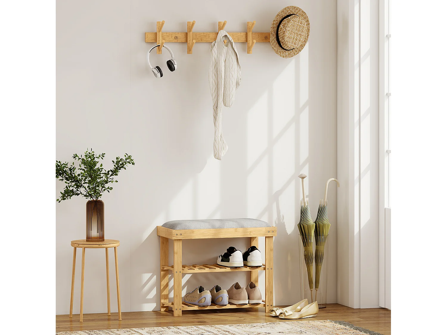 Meuble à chaussures banc à chaussures 2 étagères coussin gris intégré bambou