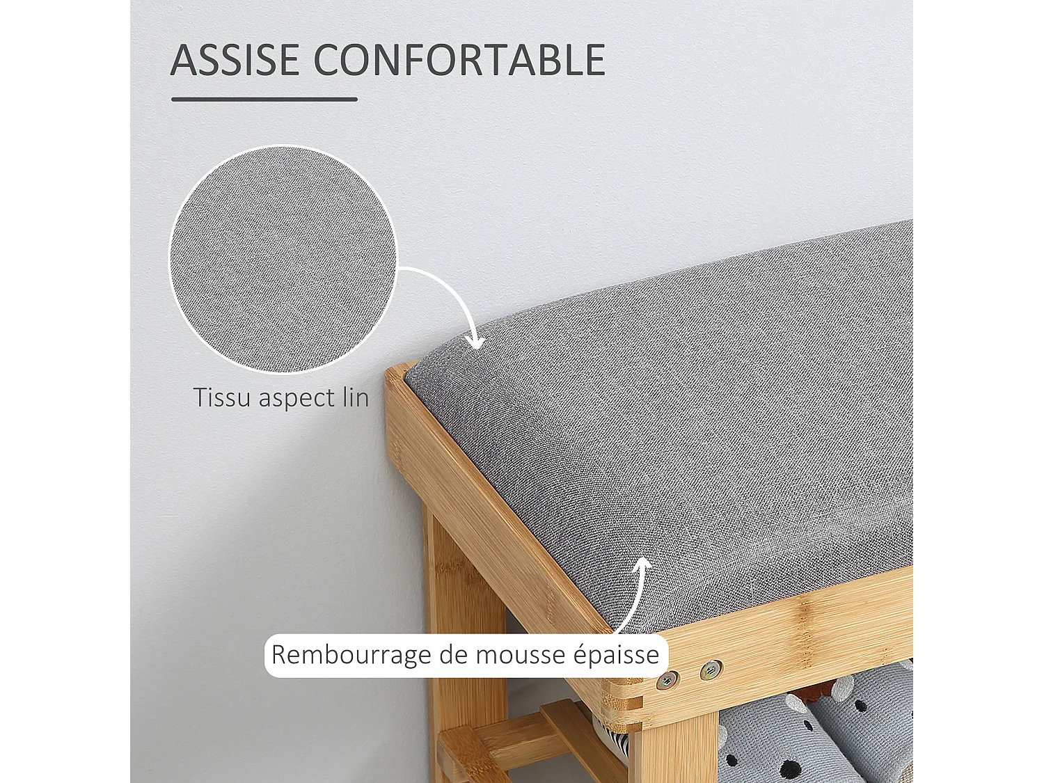Meuble à chaussures banc à chaussures 2 étagères coussin gris intégré bambou