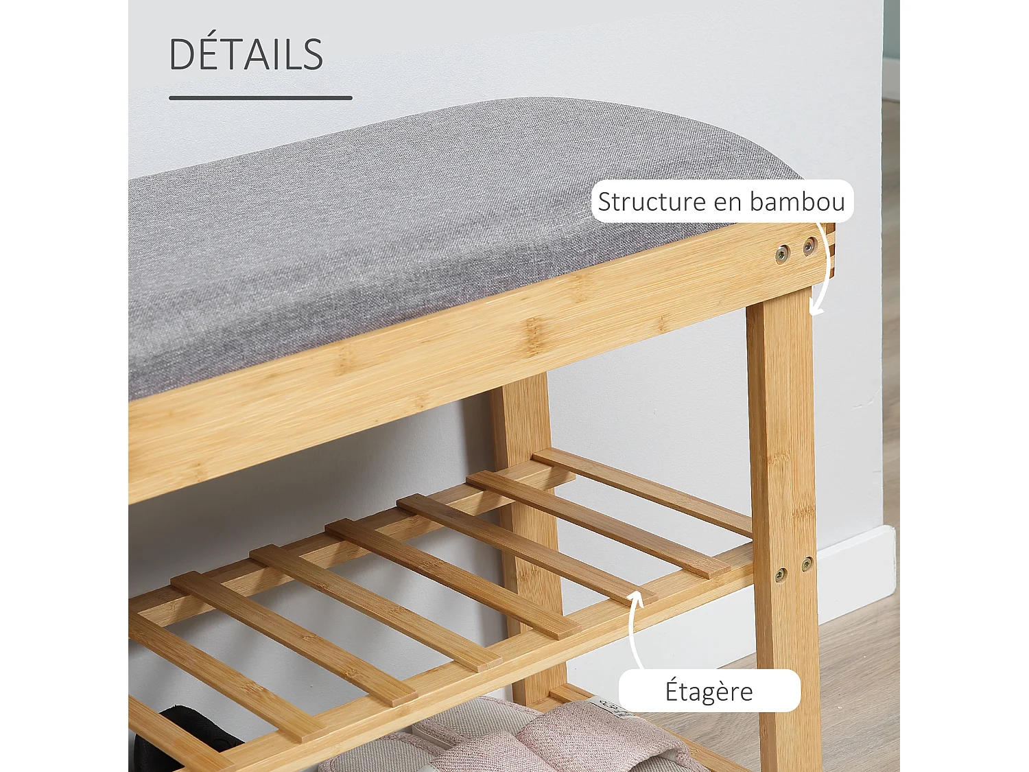 Meuble à chaussures banc à chaussures 2 étagères coussin gris intégré bambou