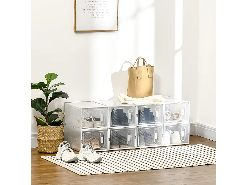 Lot de 8 boites cubes rangement à chaussures modulable avec portes transparentes - dim. 25L x 35l x 19H cm - PP blanc transparent