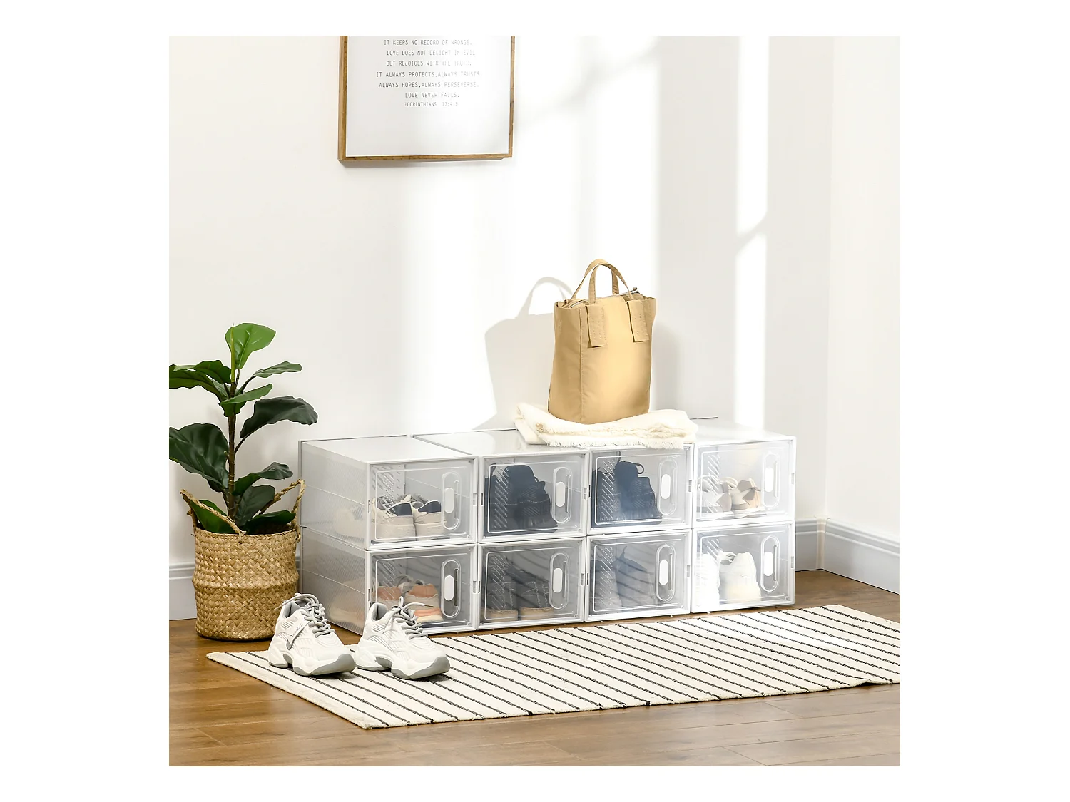 Lot de 8 boites cubes rangement à chaussures modulable avec portes transparentes - dim. 25L x 35l x 19H cm - PP blanc transparent