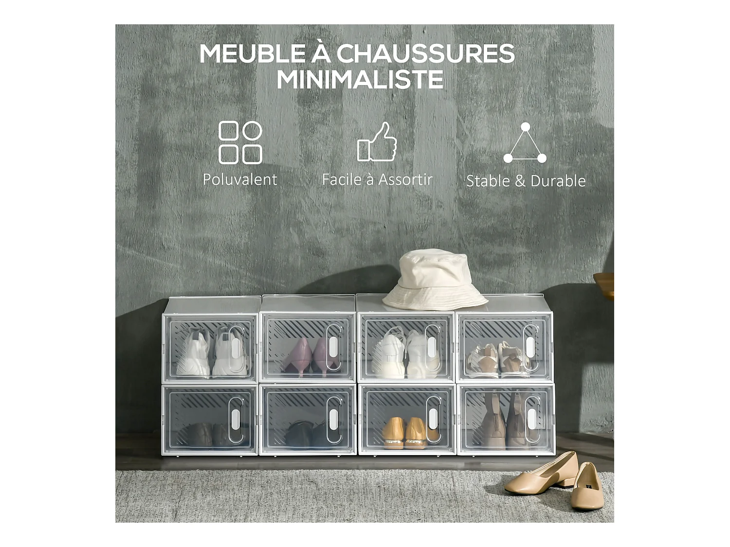 Lot de 8 boites cubes rangement à chaussures modulable avec portes transparentes - dim. 25L x 35l x 19H cm - PP blanc transparent