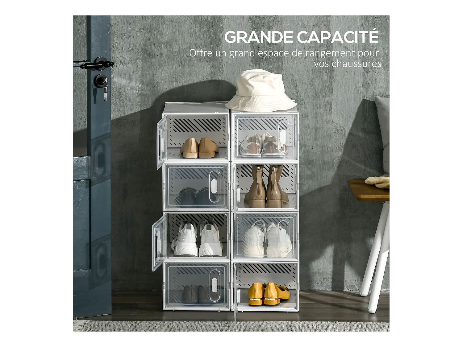 Lot de 8 boites cubes rangement à chaussures modulable avec portes transparentes - dim. 25L x 35l x 19H cm - PP blanc transparent