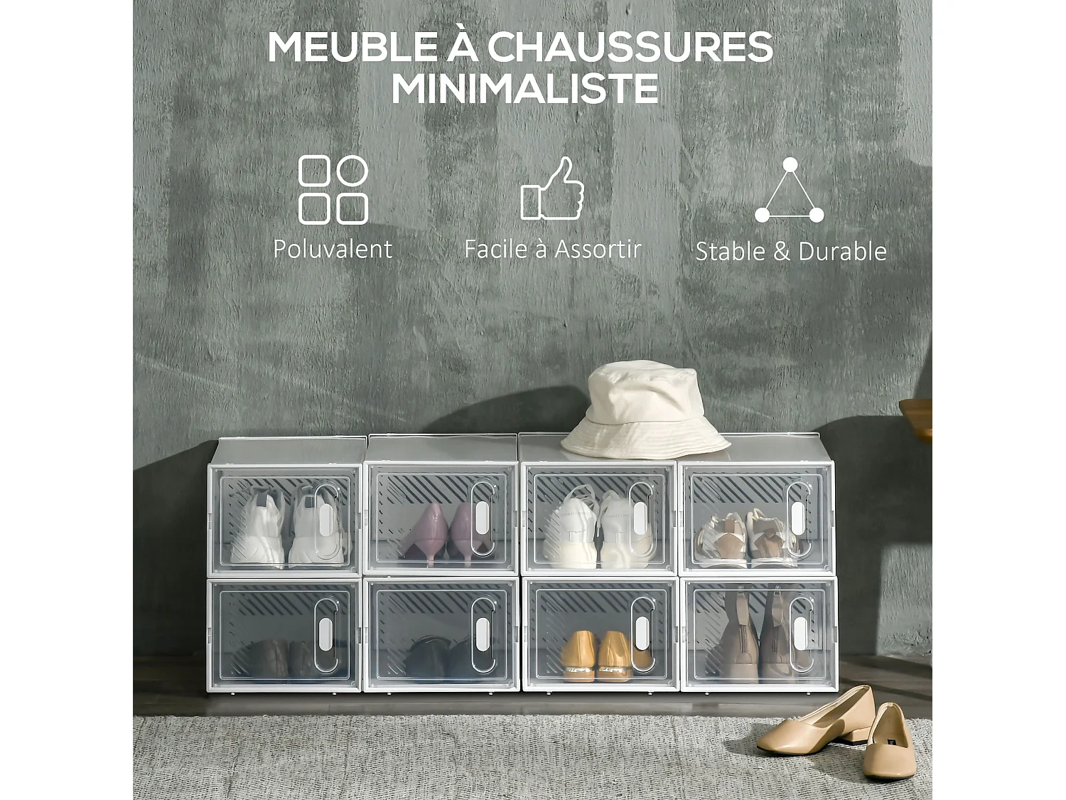 Lot de 8 boites cubes rangement à chaussures modulable avec portes transparentes - dim. 25L x 35l x 19H cm - PP blanc transparent