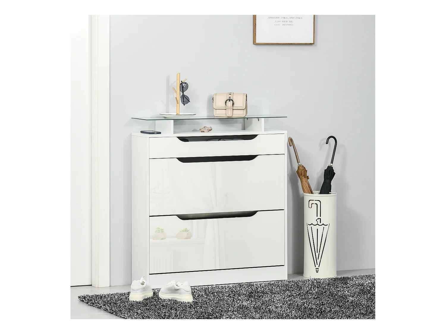 Armoire à chaussures avec 2 tiroirs rabattables + 1 tiroir coulissant + 1 comptoir et 1 plateau en verre étagère réglable sur 2 niveaux 89 x 23 x 96 cm blanc