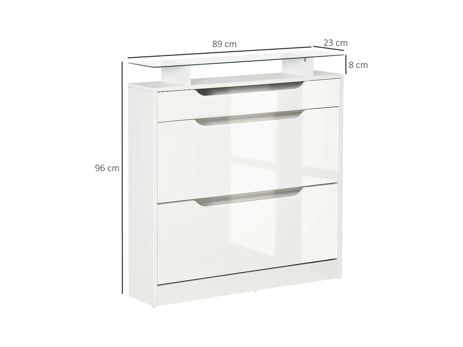 Armoire à chaussures avec 2 tiroirs rabattables + 1 tiroir coulissant + 1 comptoir et 1 plateau en verre étagère réglable sur 2 niveaux 89 x 23 x 96 cm blanc