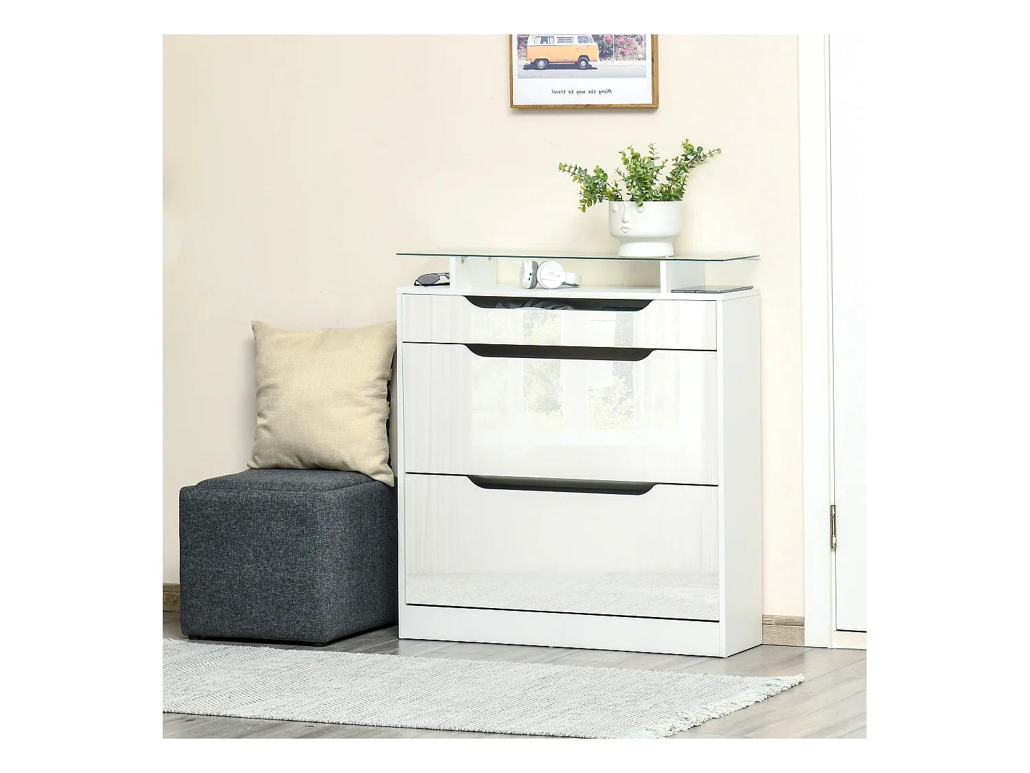 Armoire à chaussures avec 2 tiroirs rabattables + 1 tiroir coulissant + 1 comptoir et 1 plateau en verre étagère réglable sur 2 niveaux 89 x 23 x 96 cm blanc