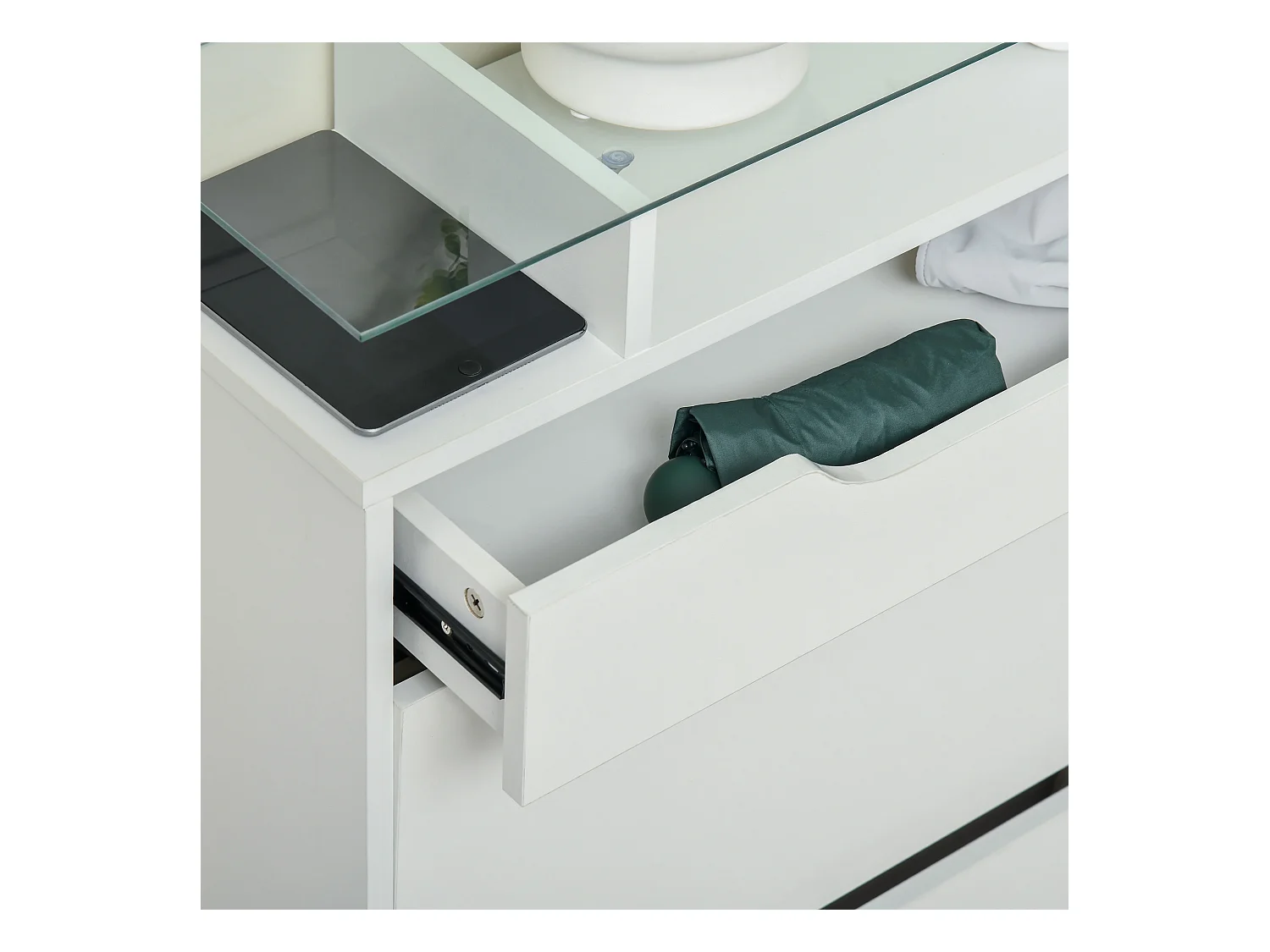 Armoire à chaussures avec 2 tiroirs rabattables + 1 tiroir coulissant + 1 comptoir et 1 plateau en verre étagère réglable sur 2 niveaux 89 x 23 x 96 cm blanc