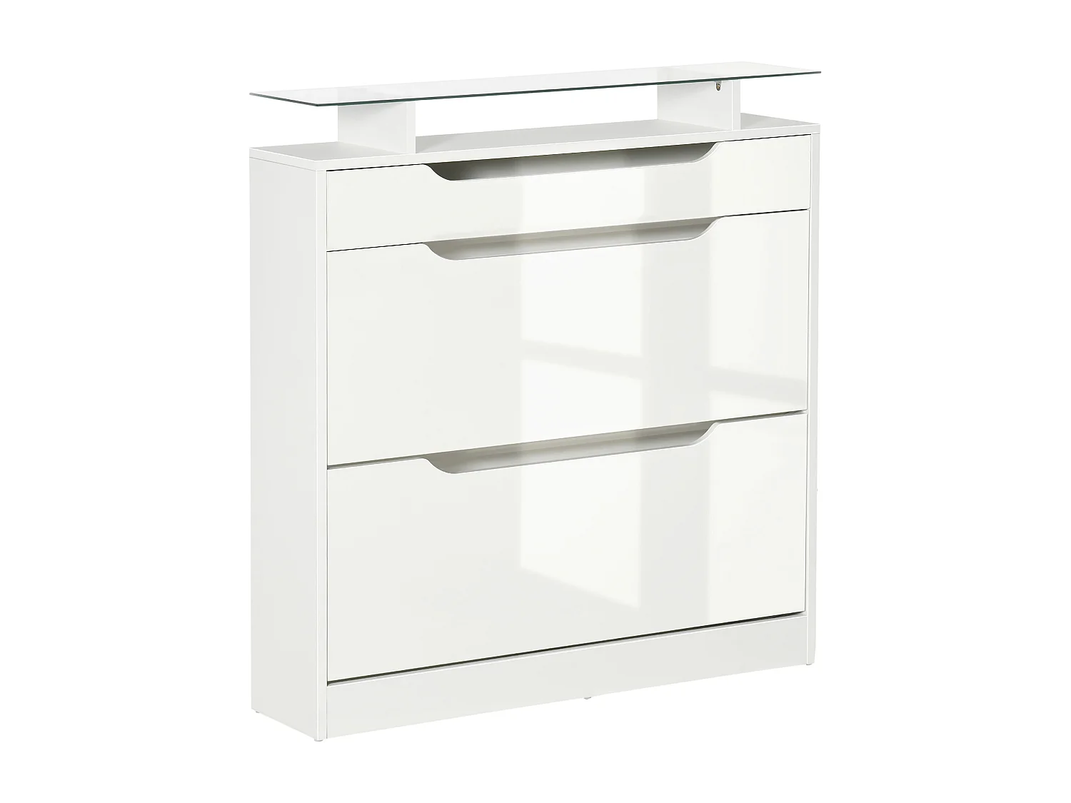 Armoire à chaussures avec 2 tiroirs rabattables + 1 tiroir coulissant + 1 comptoir et 1 plateau en verre étagère réglable sur 2 niveaux 89 x 23 x 96 cm blanc