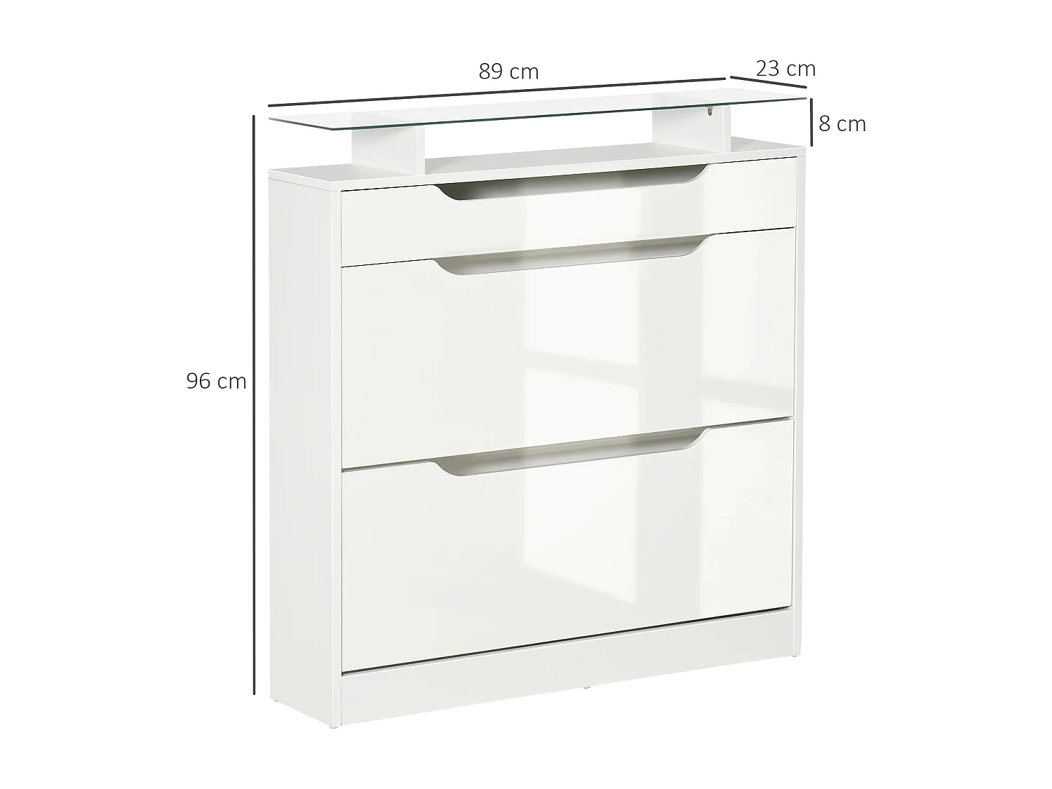 Armoire à chaussures avec 2 tiroirs rabattables + 1 tiroir coulissant + 1 comptoir et 1 plateau en verre étagère réglable sur 2 niveaux 89 x 23 x 96 cm blanc