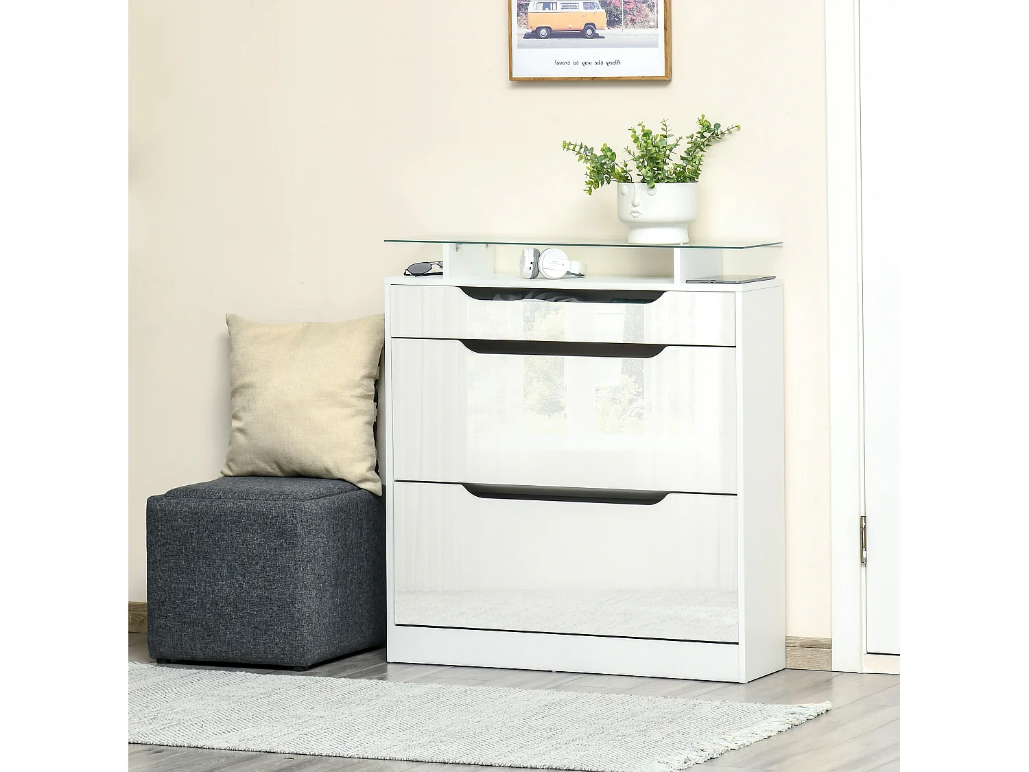 Armoire à chaussures avec 2 tiroirs rabattables + 1 tiroir coulissant + 1 comptoir et 1 plateau en verre étagère réglable sur 2 niveaux 89 x 23 x 96 cm blanc