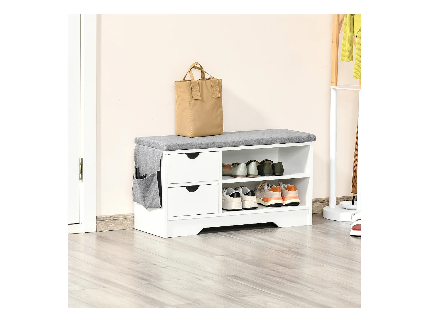 Meuble chaussures et banc à chaussures avec coussin gris 2 étagères et 2 tiroirs MDF 80,5 x 30,5 x 43,5 cm gris et blanc