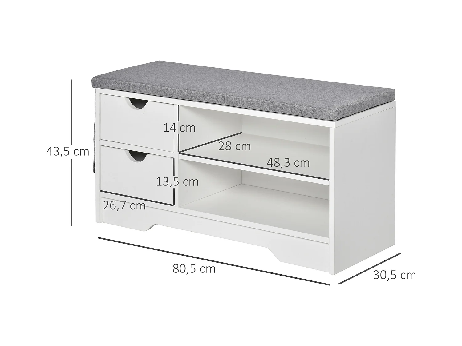 Meuble chaussures et banc à chaussures avec coussin gris 2 étagères et 2 tiroirs MDF 80,5 x 30,5 x 43,5 cm gris et blanc