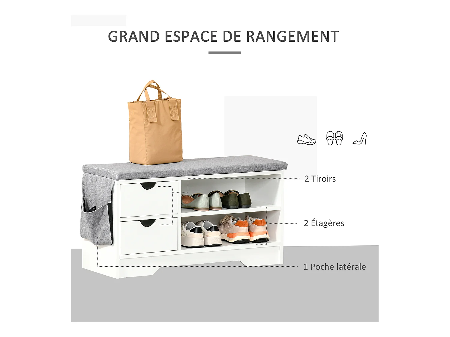 Meuble chaussures et banc à chaussures avec coussin gris 2 étagères et 2 tiroirs MDF 80,5 x 30,5 x 43,5 cm gris et blanc