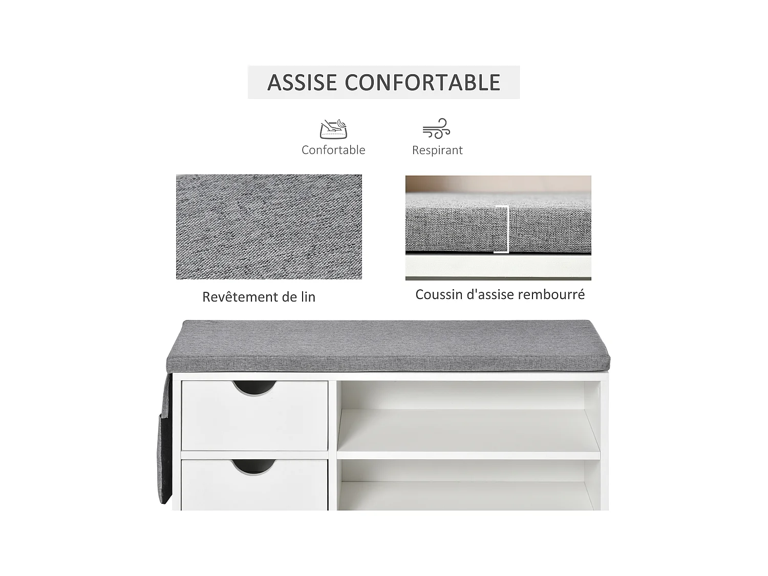 Meuble chaussures et banc à chaussures avec coussin gris 2 étagères et 2 tiroirs MDF 80,5 x 30,5 x 43,5 cm gris et blanc
