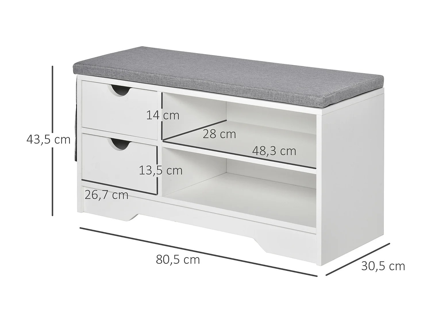 Meuble chaussures et banc à chaussures avec coussin gris 2 étagères et 2 tiroirs MDF 80,5 x 30,5 x 43,5 cm gris et blanc