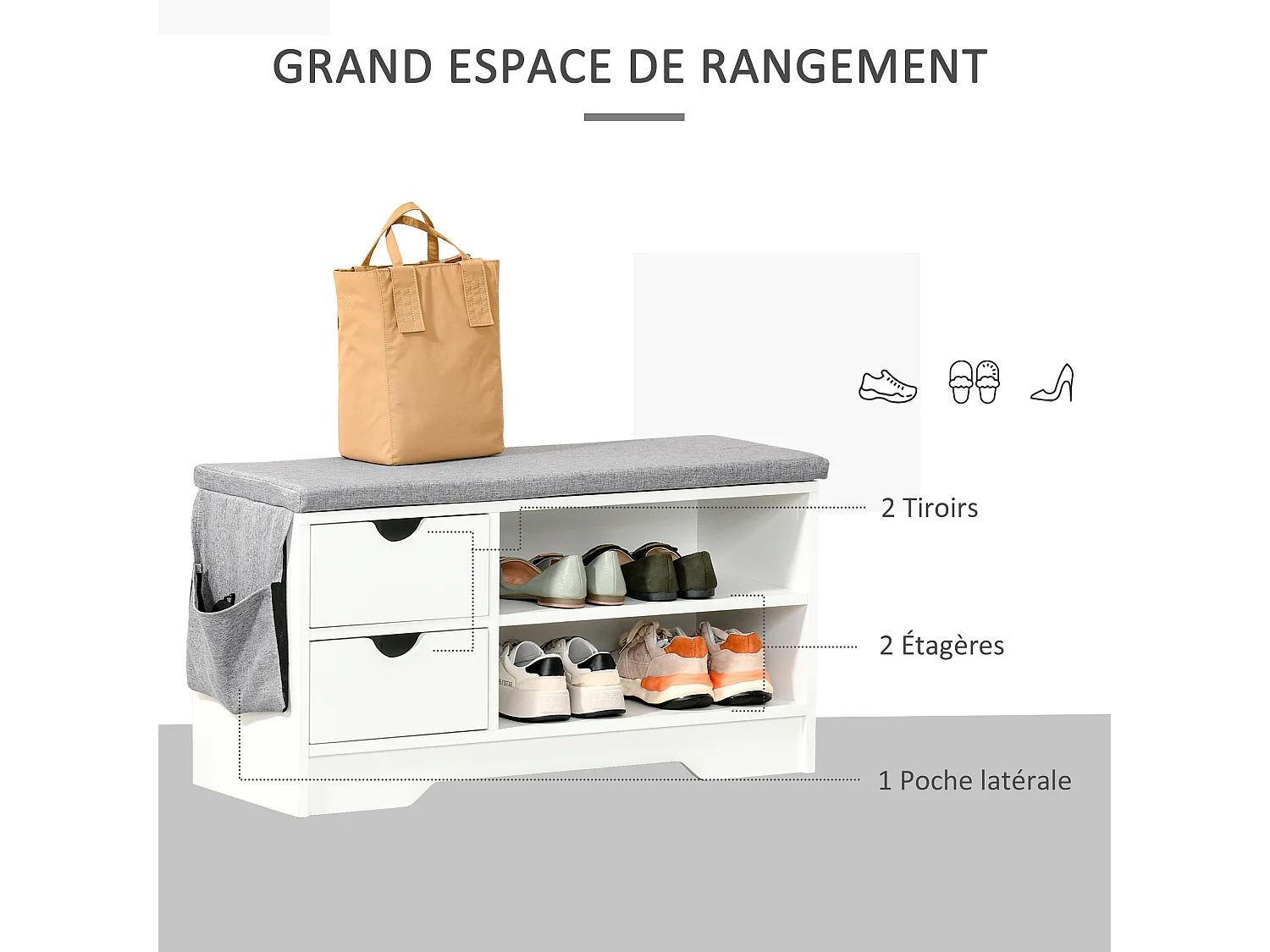 Meuble chaussures et banc à chaussures avec coussin gris 2 étagères et 2 tiroirs MDF 80,5 x 30,5 x 43,5 cm gris et blanc