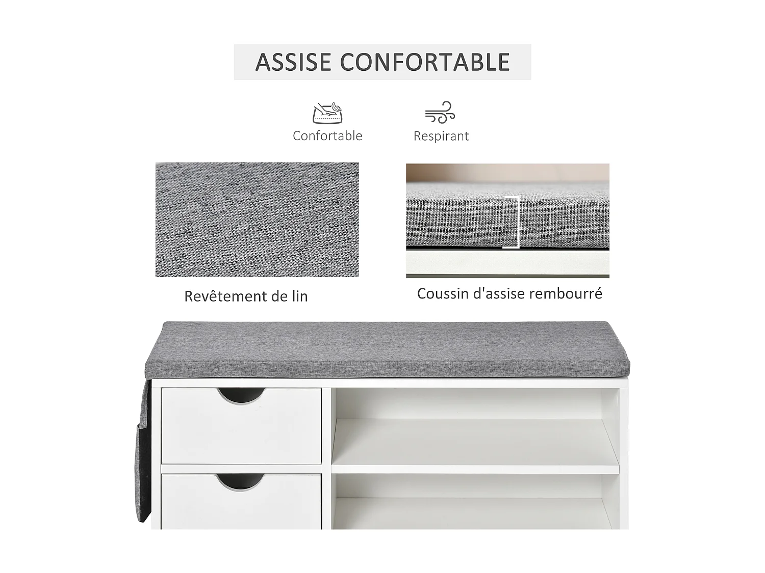 Meuble chaussures et banc à chaussures avec coussin gris 2 étagères et 2 tiroirs MDF 80,5 x 30,5 x 43,5 cm gris et blanc
