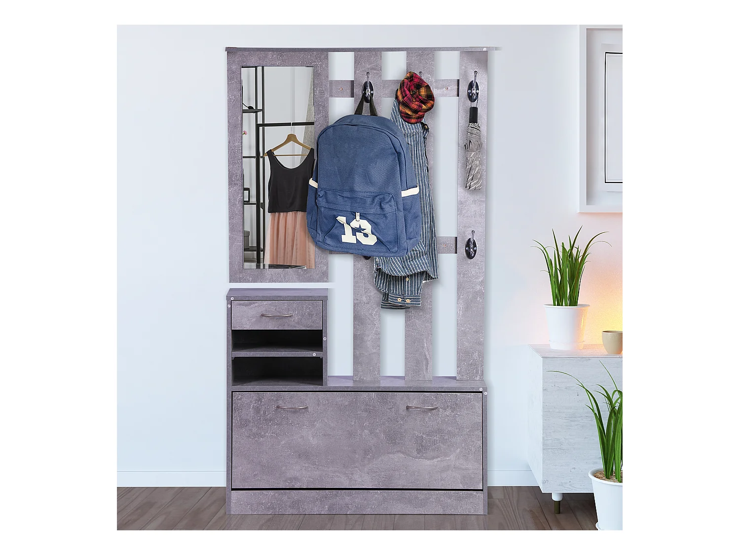 Ensemble de meubles d'entrée design contemporain : meuble chaussures, miroir et panneau porte-manteau panneaux de particules effet béton gris