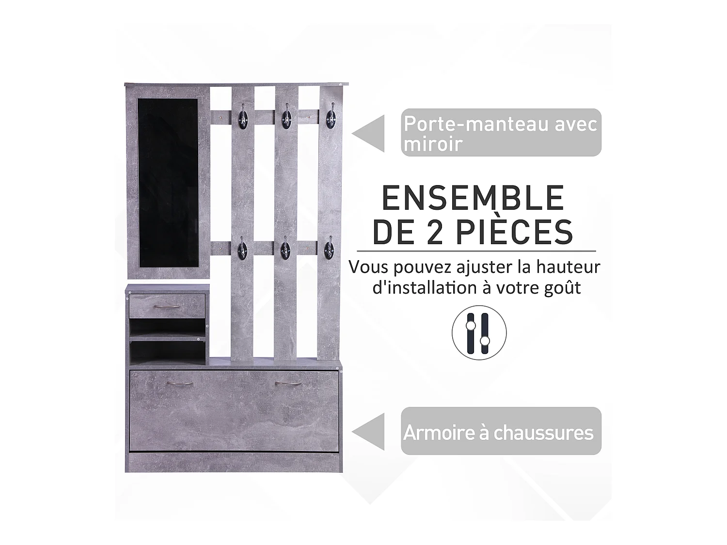 Ensemble de meubles d'entrée design contemporain : meuble chaussures, miroir et panneau porte-manteau panneaux de particules effet béton gris