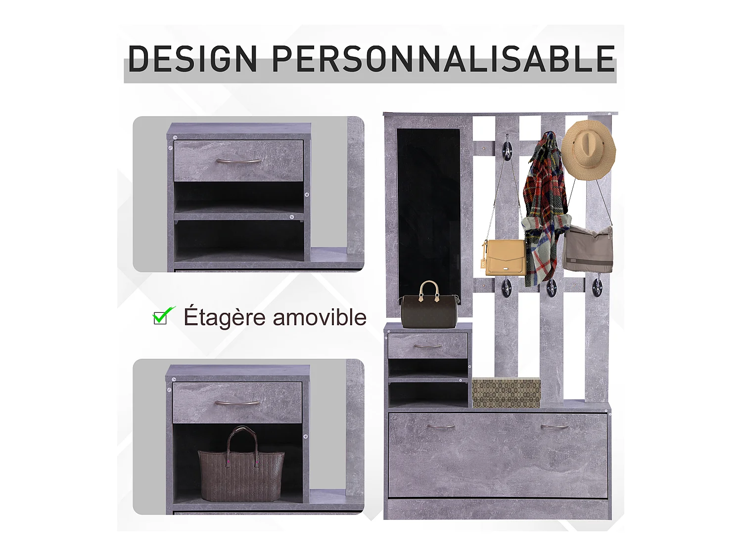Ensemble de meubles d'entrée design contemporain : meuble chaussures, miroir et panneau porte-manteau panneaux de particules effet béton gris