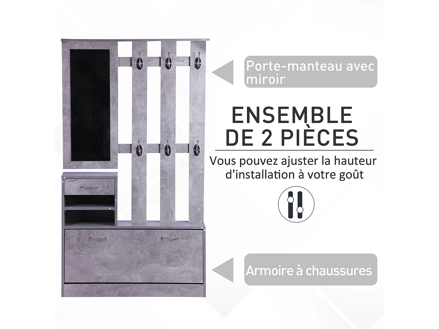 Ensemble de meubles d'entrée design contemporain : meuble chaussures, miroir et panneau porte-manteau panneaux de particules effet béton gris