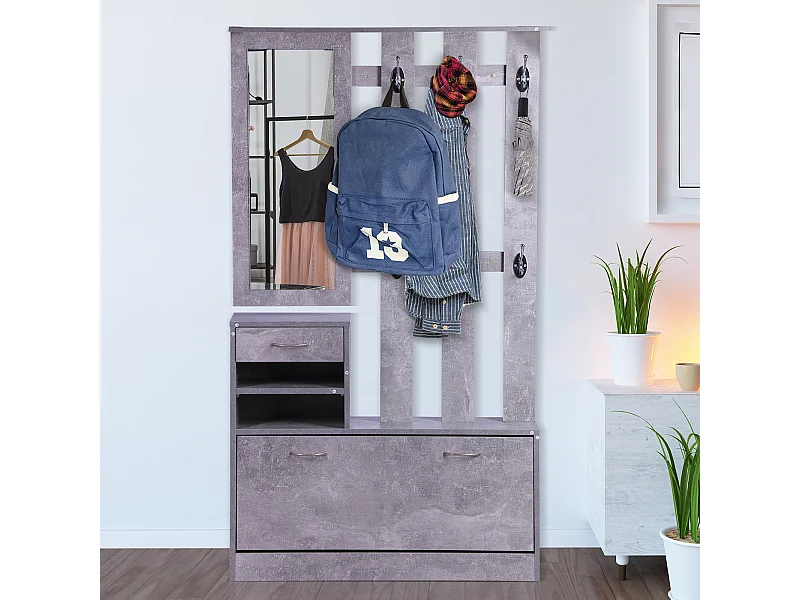 Ensemble de meubles d'entrée design contemporain : meuble chaussures, miroir et panneau porte-manteau panneaux de particules effet béton gris