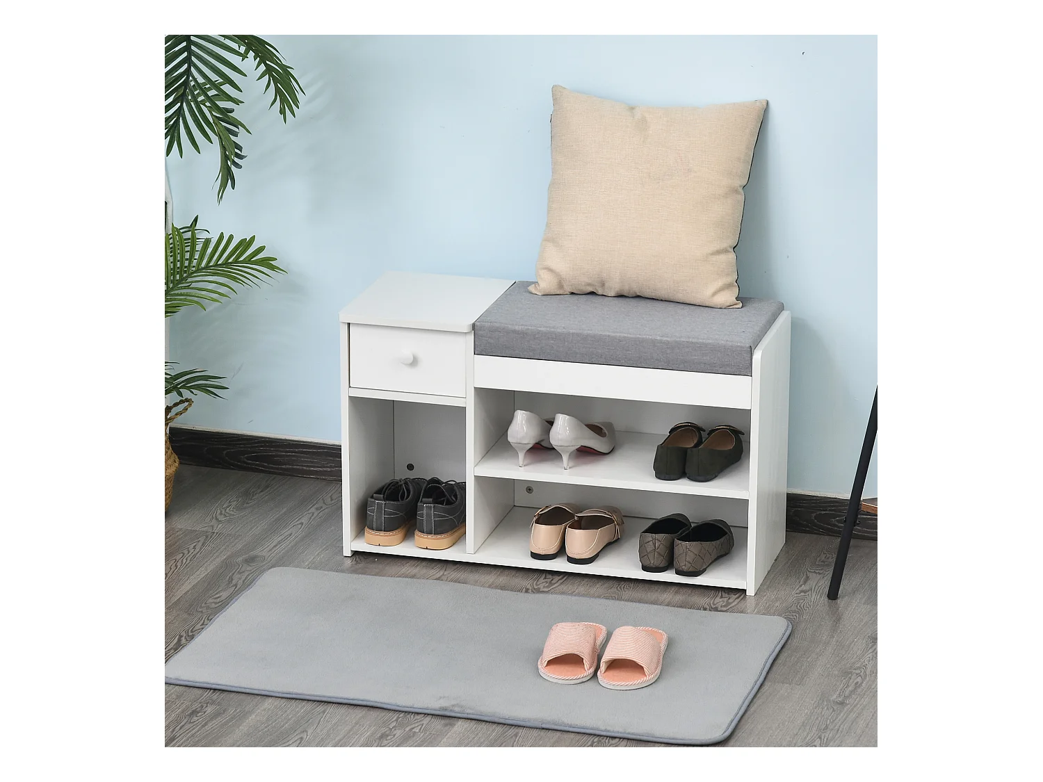 Meuble chaussures banc à chaussures 2 niveaux rangement, niche, tiroir, coffre intégré avec coussin gris blanc