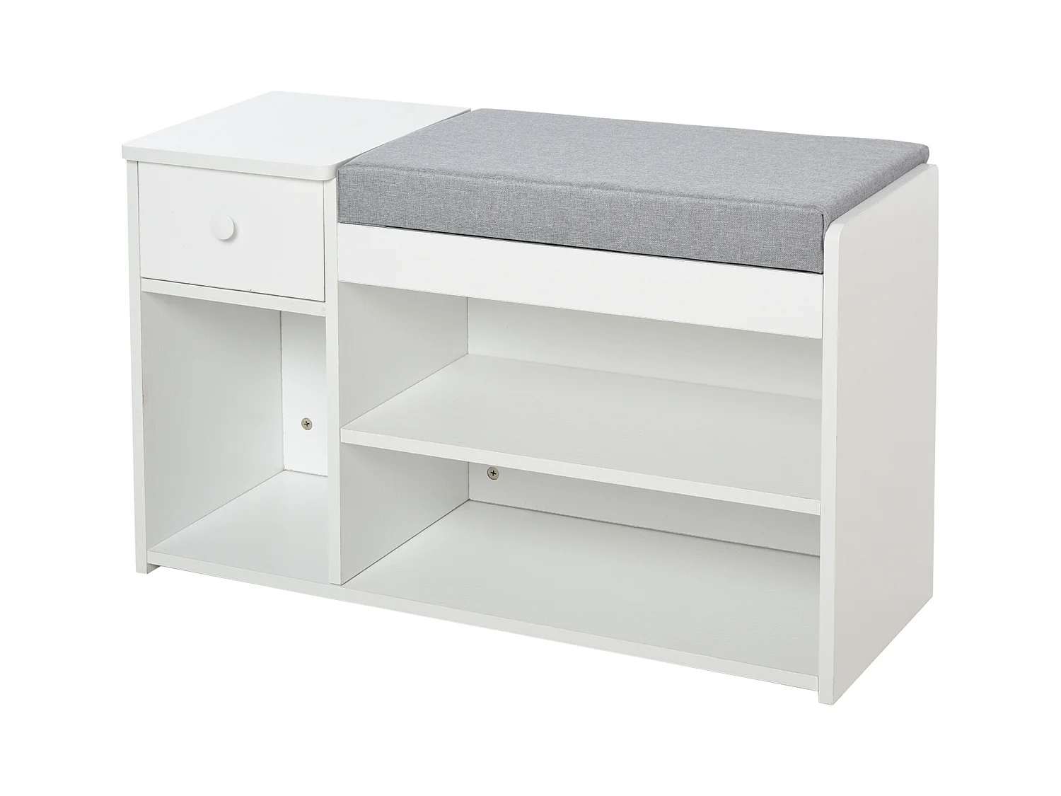 Meuble chaussures banc à chaussures 2 niveaux rangement, niche, tiroir, coffre intégré avec coussin gris blanc