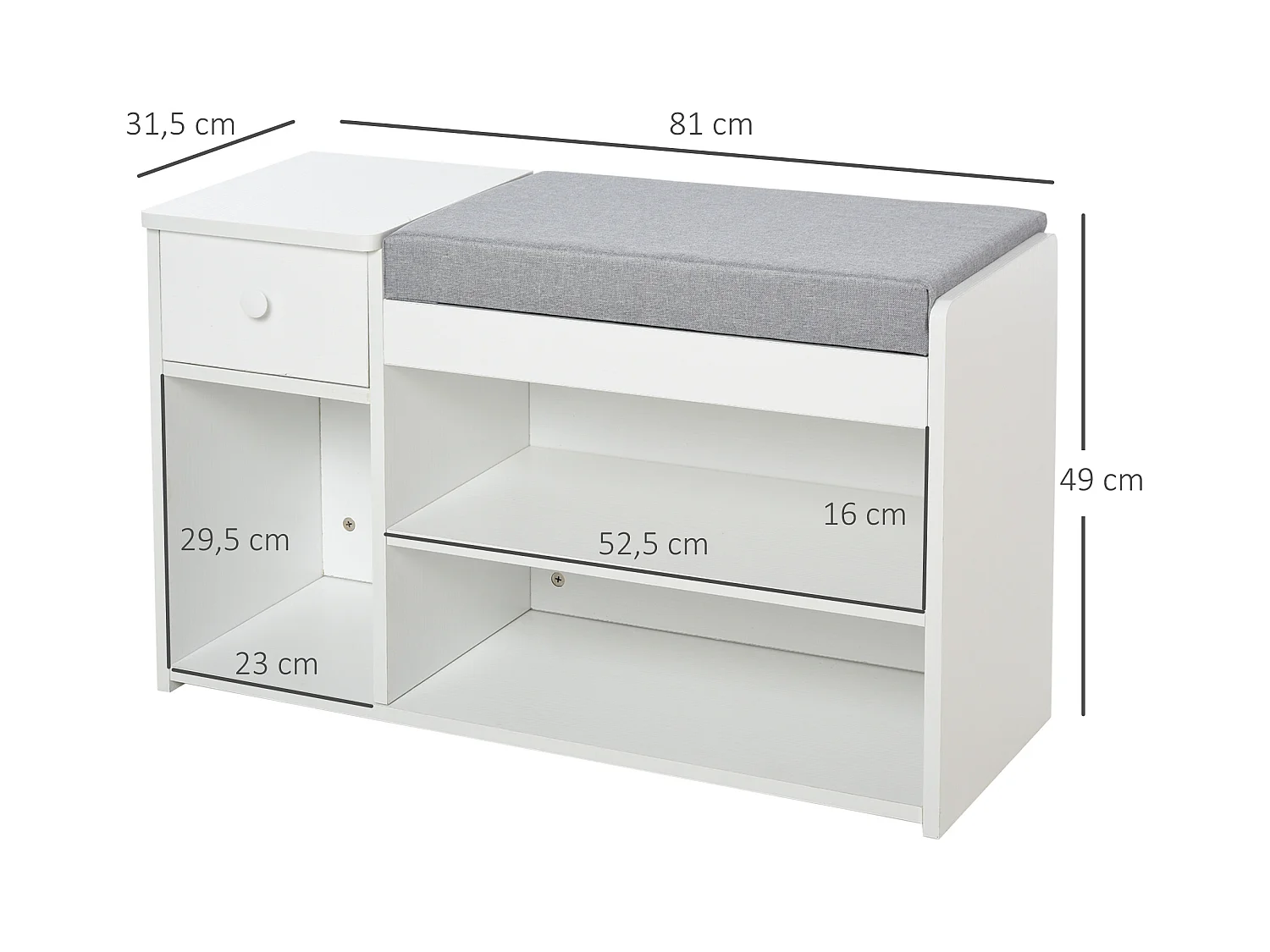 Meuble chaussures banc à chaussures 2 niveaux rangement, niche, tiroir, coffre intégré avec coussin gris blanc
