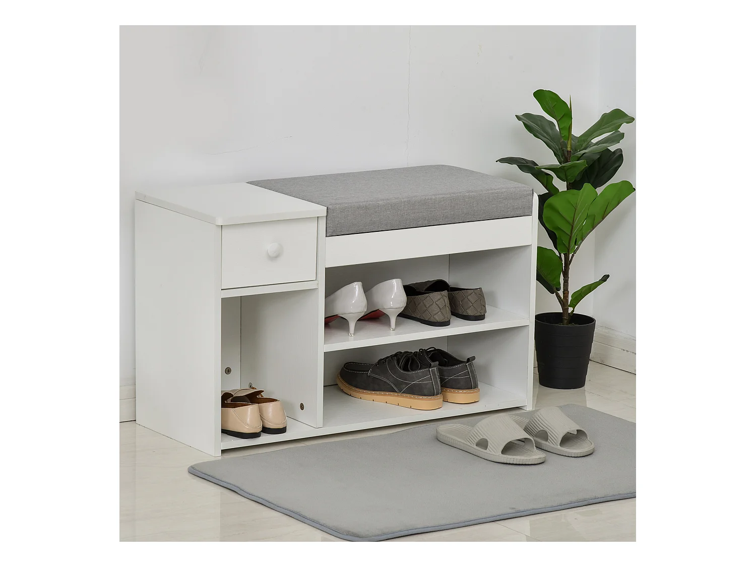 Meuble chaussures banc à chaussures 2 niveaux rangement, niche, tiroir, coffre intégré avec coussin gris blanc