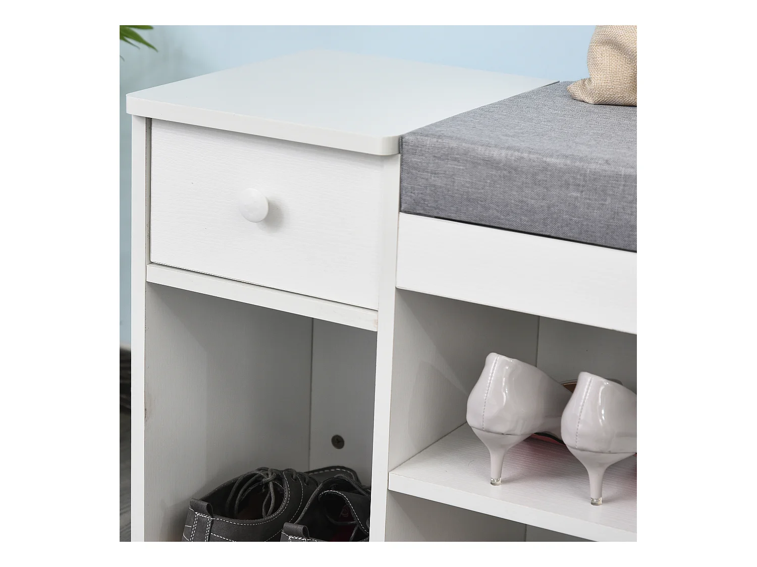 Meuble chaussures banc à chaussures 2 niveaux rangement, niche, tiroir, coffre intégré avec coussin gris blanc