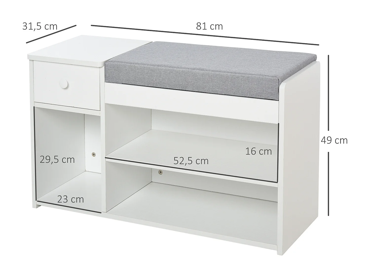Meuble chaussures banc à chaussures 2 niveaux rangement, niche, tiroir, coffre intégré avec coussin gris blanc