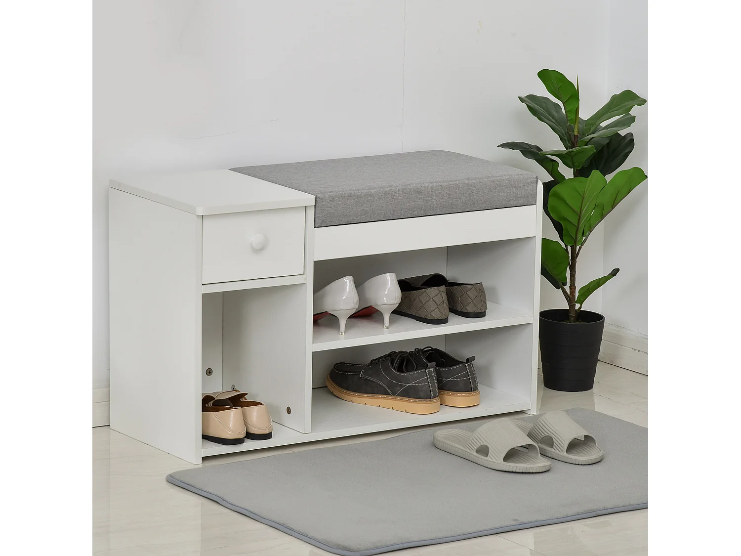 Meuble chaussures banc à chaussures 2 niveaux rangement, niche, tiroir, coffre intégré avec coussin gris blanc