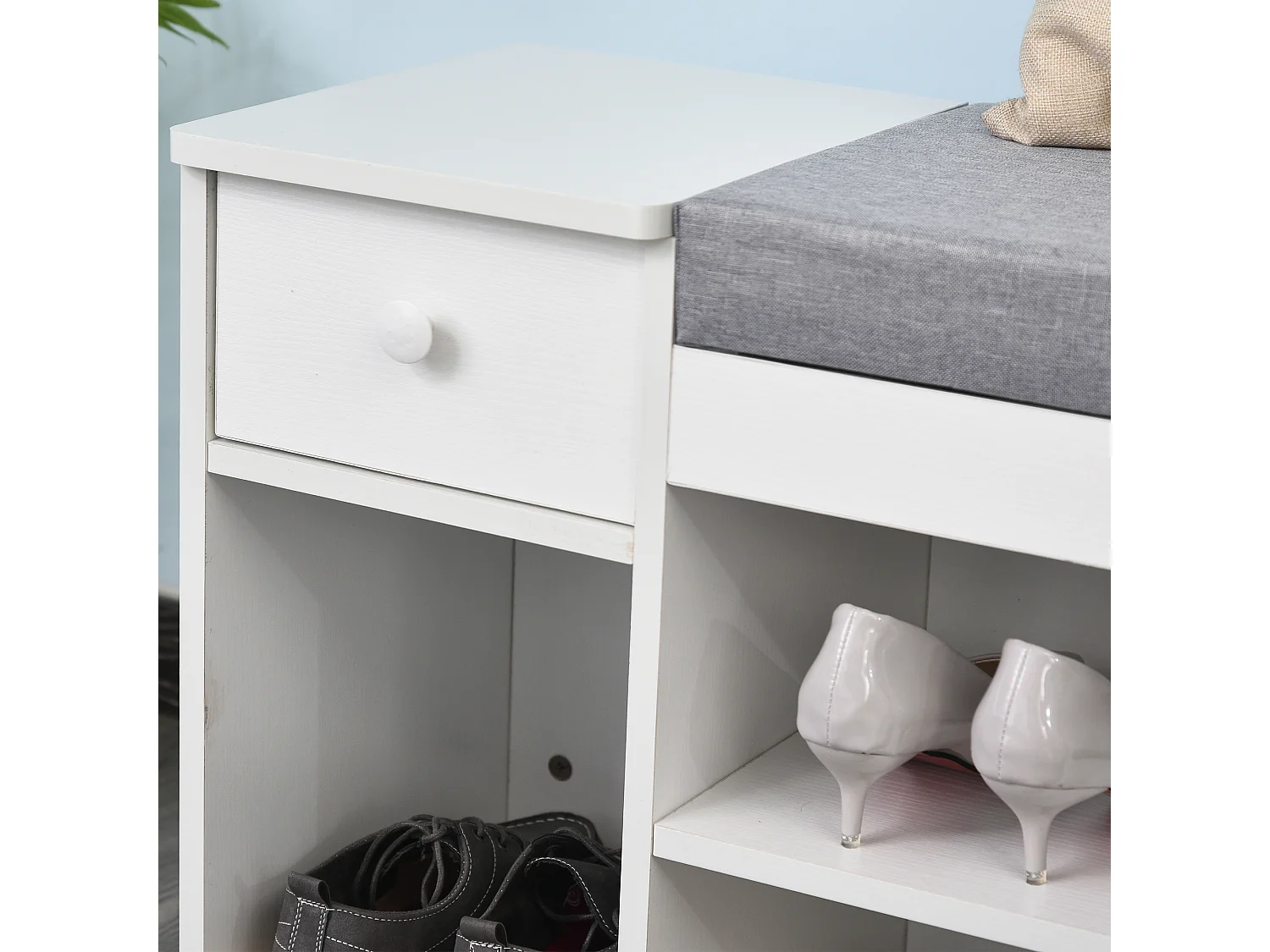 Meuble chaussures banc à chaussures 2 niveaux rangement, niche, tiroir, coffre intégré avec coussin gris blanc