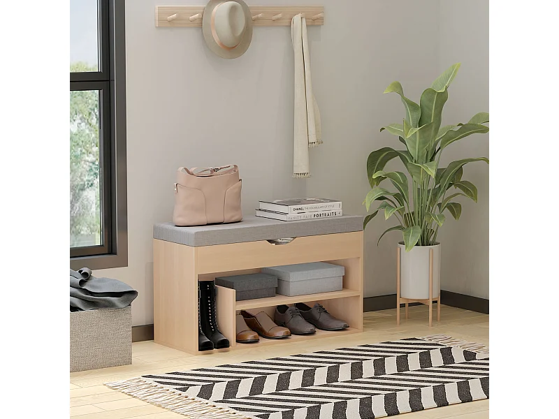 Meuble chaussures banc à chaussures 2 niveaux rangement, niche + coffre intégré avec coussin beige gris