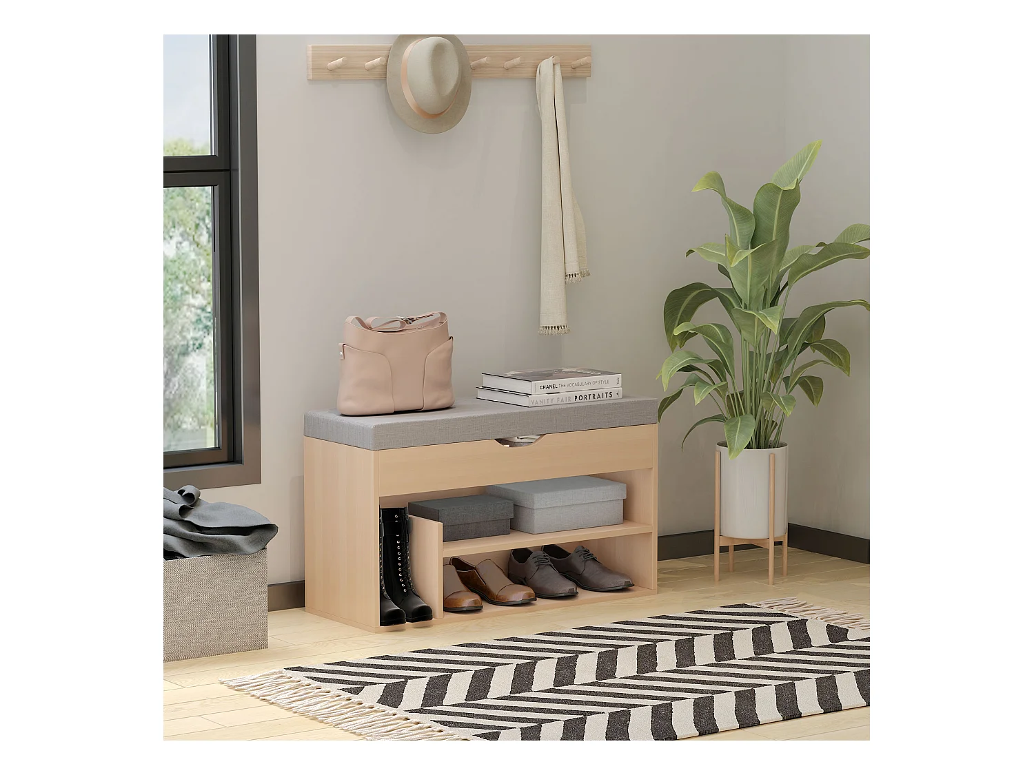 Meuble chaussures banc à chaussures 2 niveaux rangement, niche + coffre intégré avec coussin beige gris