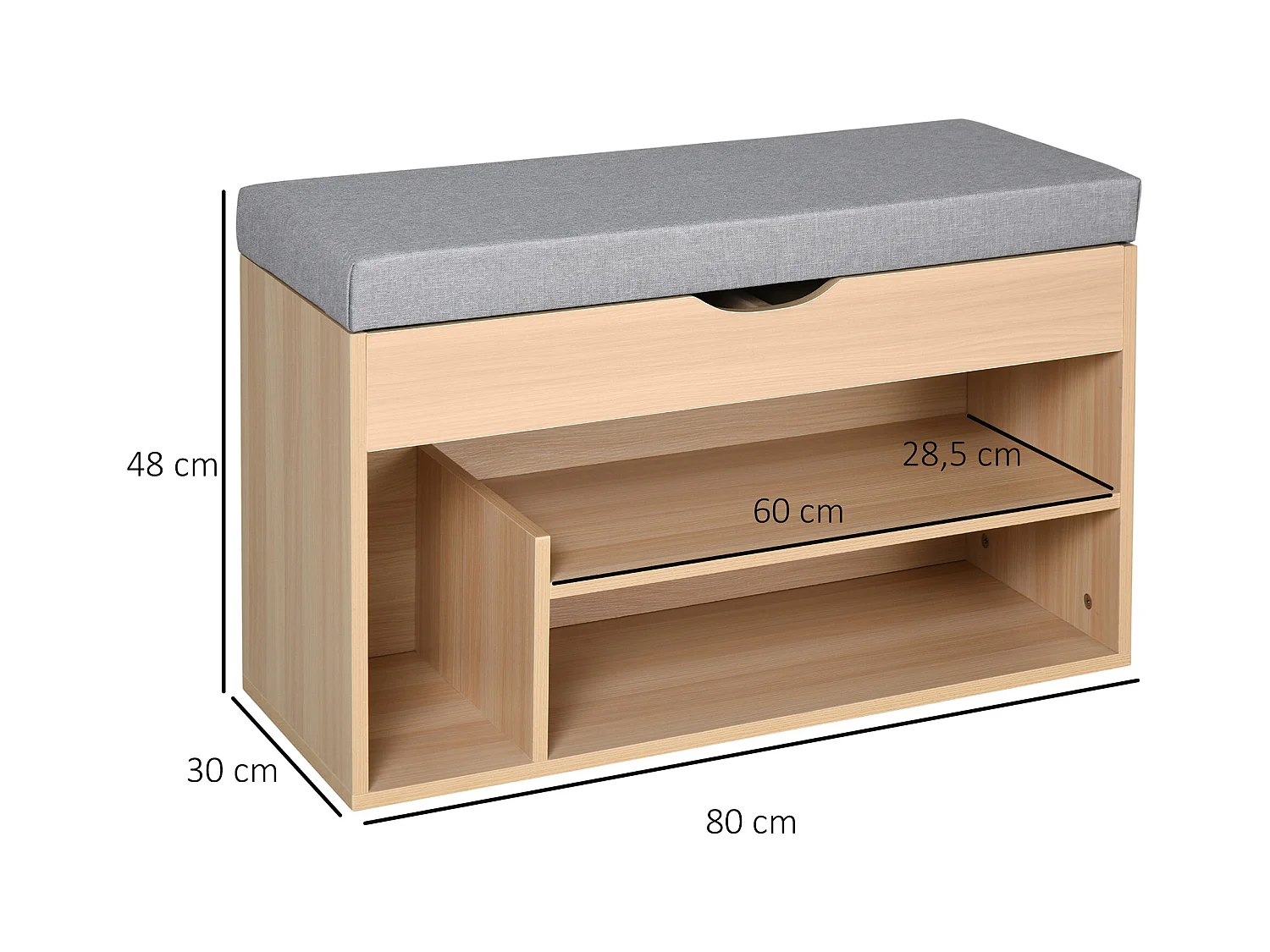 Meuble chaussures banc à chaussures 2 niveaux rangement, niche + coffre intégré avec coussin beige gris