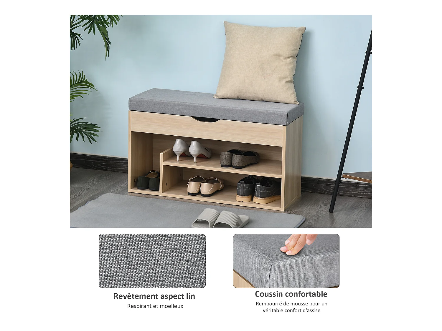Meuble chaussures banc à chaussures 2 niveaux rangement, niche + coffre intégré avec coussin beige gris