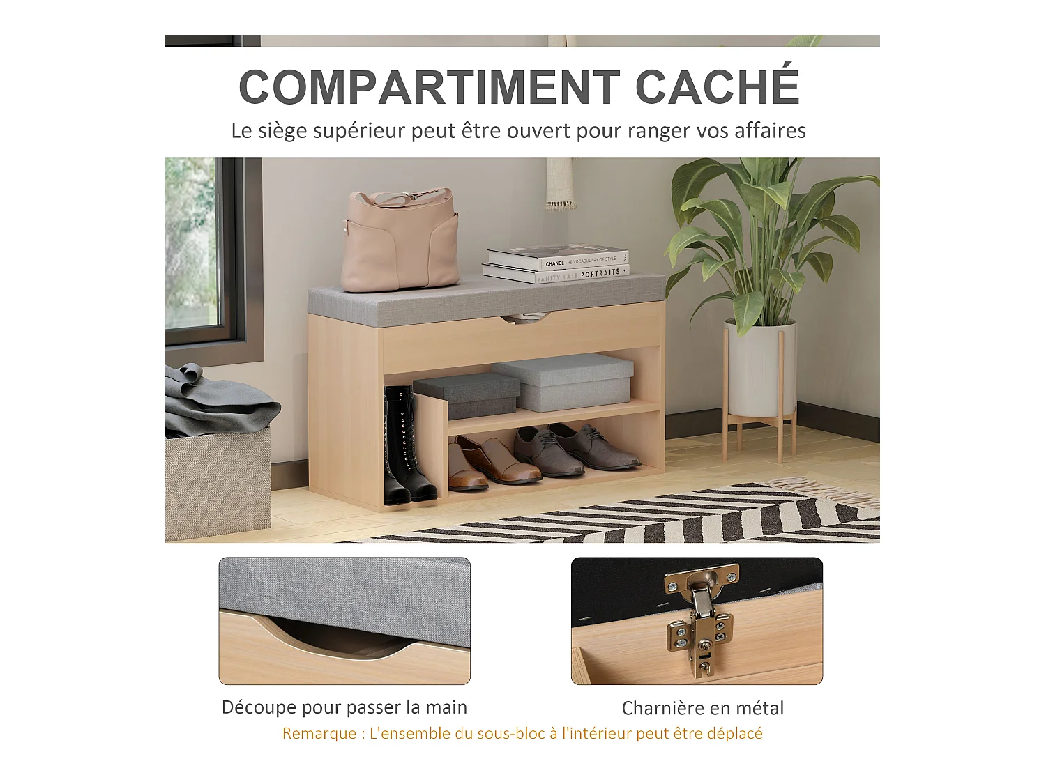 Meuble chaussures banc à chaussures 2 niveaux rangement, niche + coffre intégré avec coussin beige gris