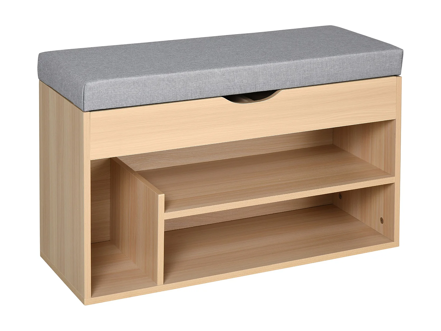Meuble chaussures banc à chaussures 2 niveaux rangement, niche + coffre intégré avec coussin beige gris