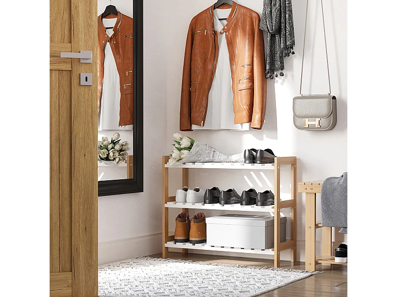 Etagère à chaussures, étagère de rangement, meuble chaussures 3 niveaux bambou MDF blanc
