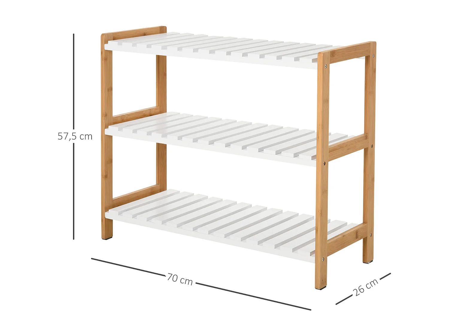 Etagère à chaussures, étagère de rangement, meuble chaussures 3 niveaux bambou MDF blanc