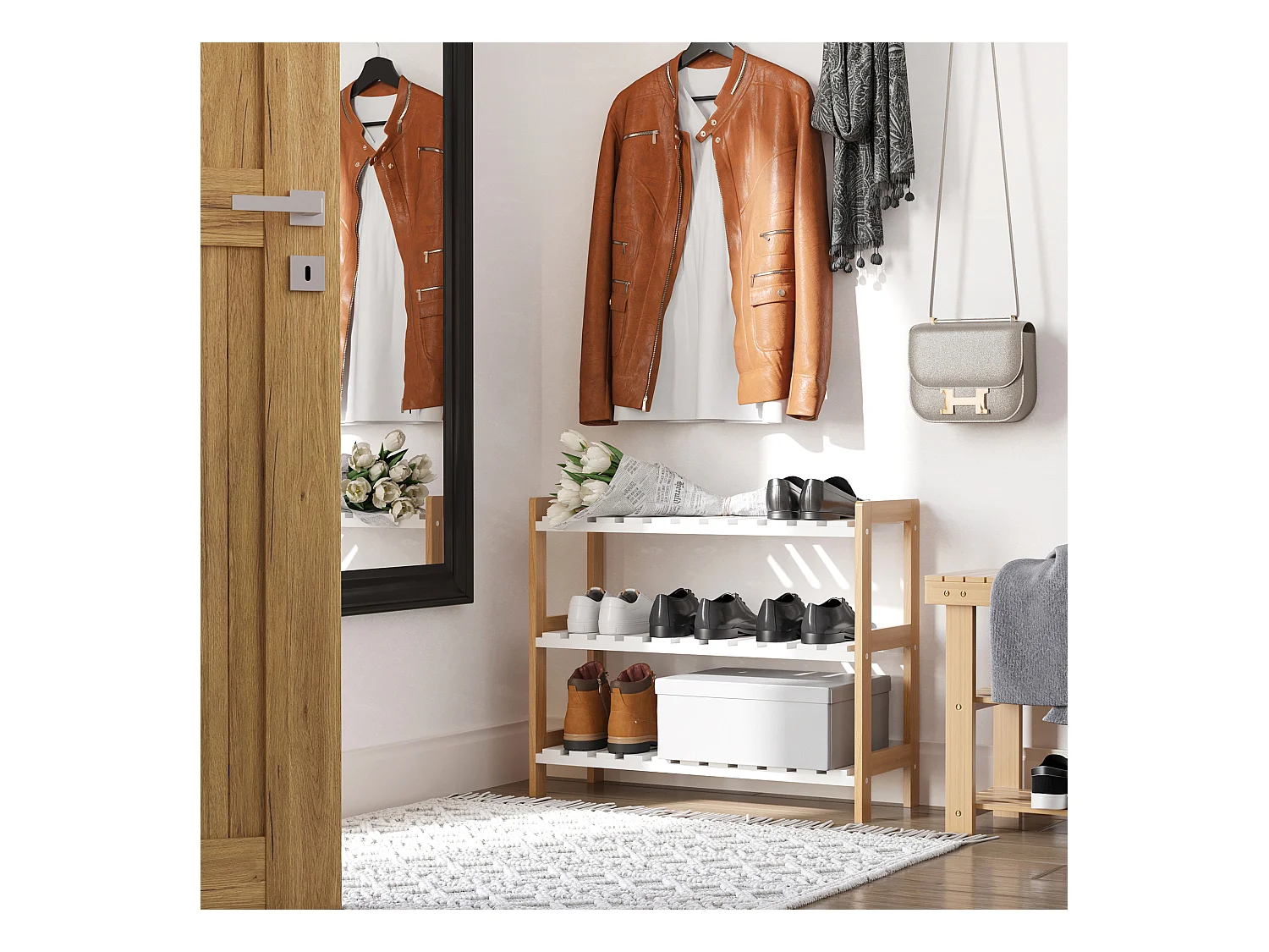 Etagère à chaussures, étagère de rangement, meuble chaussures 3 niveaux bambou MDF blanc