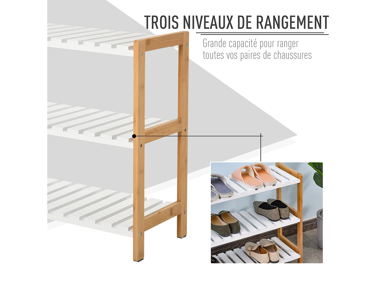 Meuble à chaussures range-chaussures 3 niveaux MDF bambou blanc naturel
