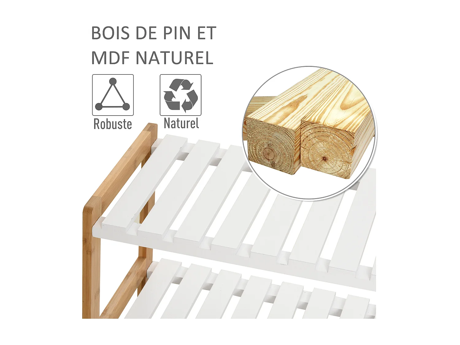 Meuble à chaussures range-chaussures 3 niveaux MDF bambou blanc naturel