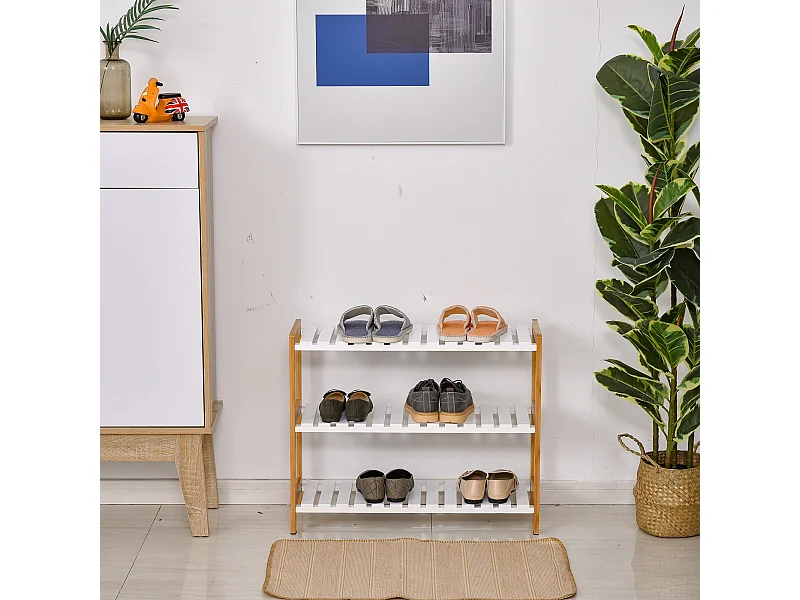Meuble à chaussures range-chaussures 3 niveaux MDF bambou blanc naturel