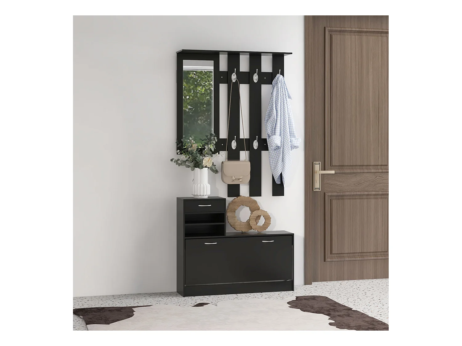 Ensemble de meubles d'entrée design contemporain : meuble chaussures, miroir et panneau porte-manteau panneaux de particules noir