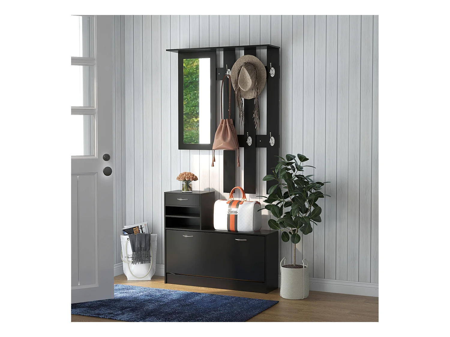 Ensemble de meubles d'entrée design contemporain : meuble chaussures, miroir et panneau porte-manteau panneaux de particules noir