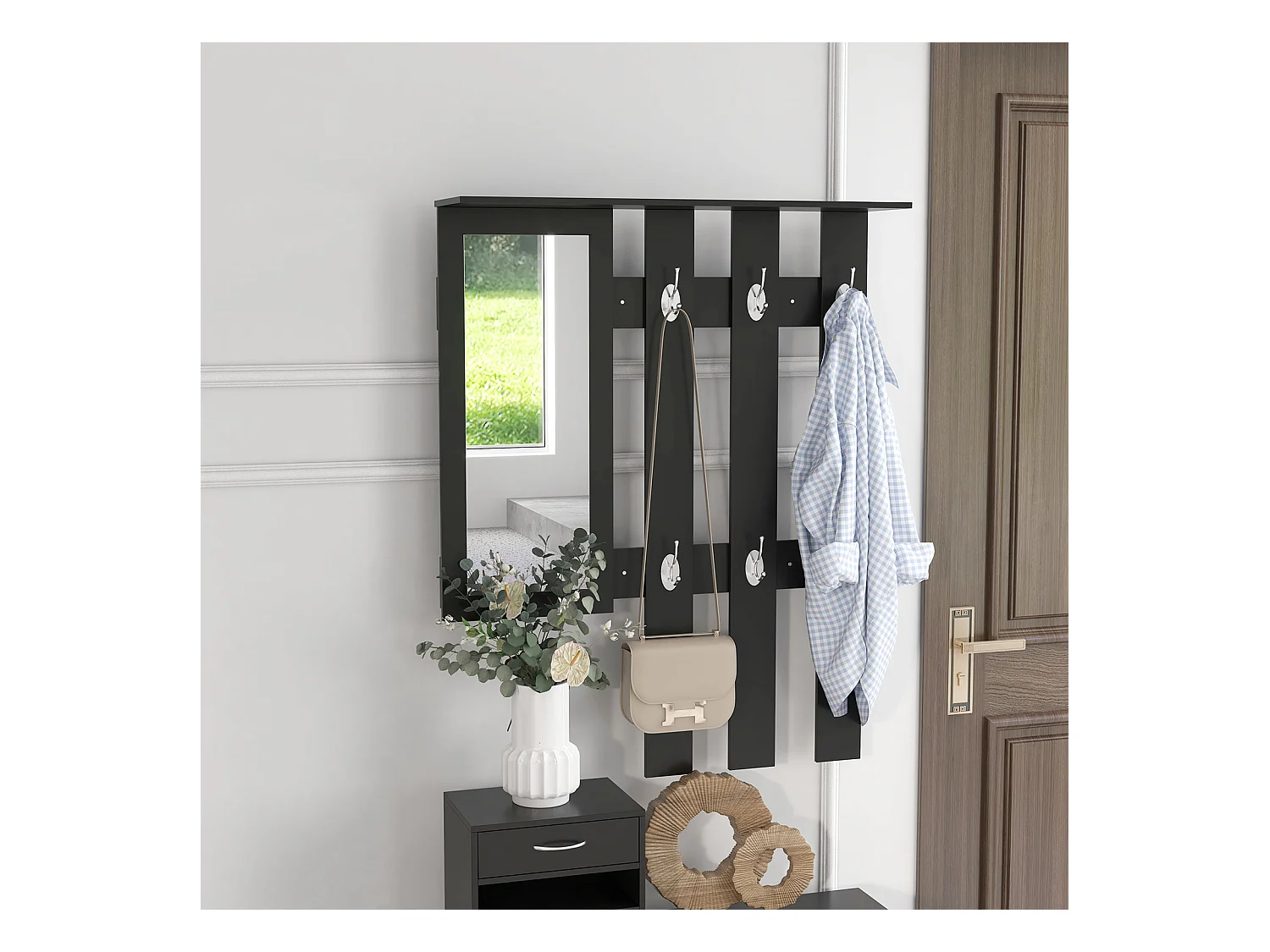 Ensemble de meubles d'entrée design contemporain : meuble chaussures, miroir et panneau porte-manteau panneaux de particules noir